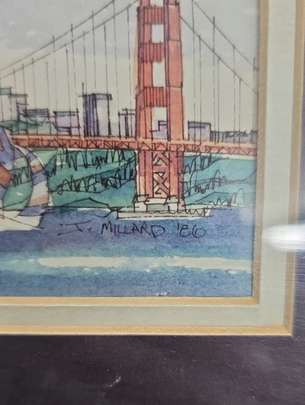 Framed Golden Gate Bridge Watercolor Print in Brown Frame